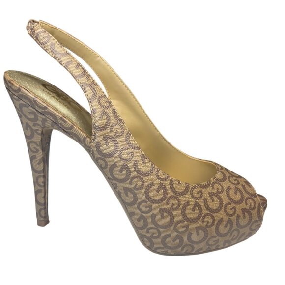 GBG Los Angeles Sophia Slingback Platform Heels Brown Gold Monogram Size 7.5 - Picture 5 of 13